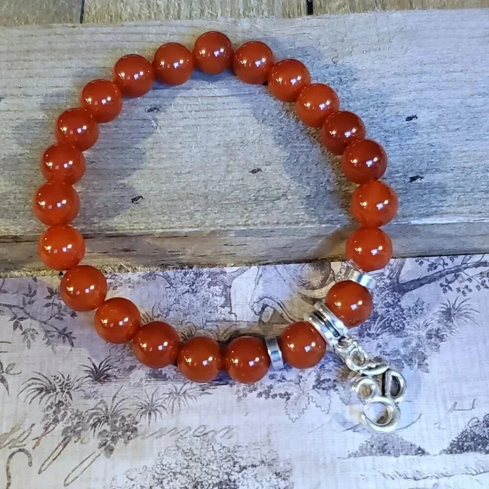 Om Aum Zen Mantra Red Carnelian Gemstone Stretch Bracelet - Picture 5 of 7